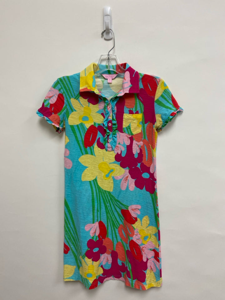 LILLY PULITZER Size XS Blue/Yellow Fuchsia/Multi Flowers Ladies Dress