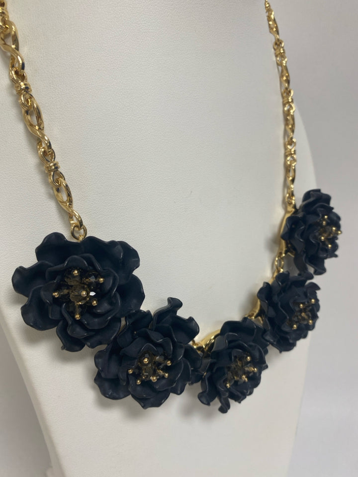 NWT Talbots Gold Color Black Flowers Necklace