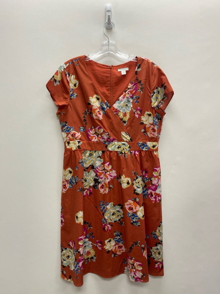 Garnet Hill Size 14 Terra Cotta Cream/Multi Flowers V Neck Ladies Dress