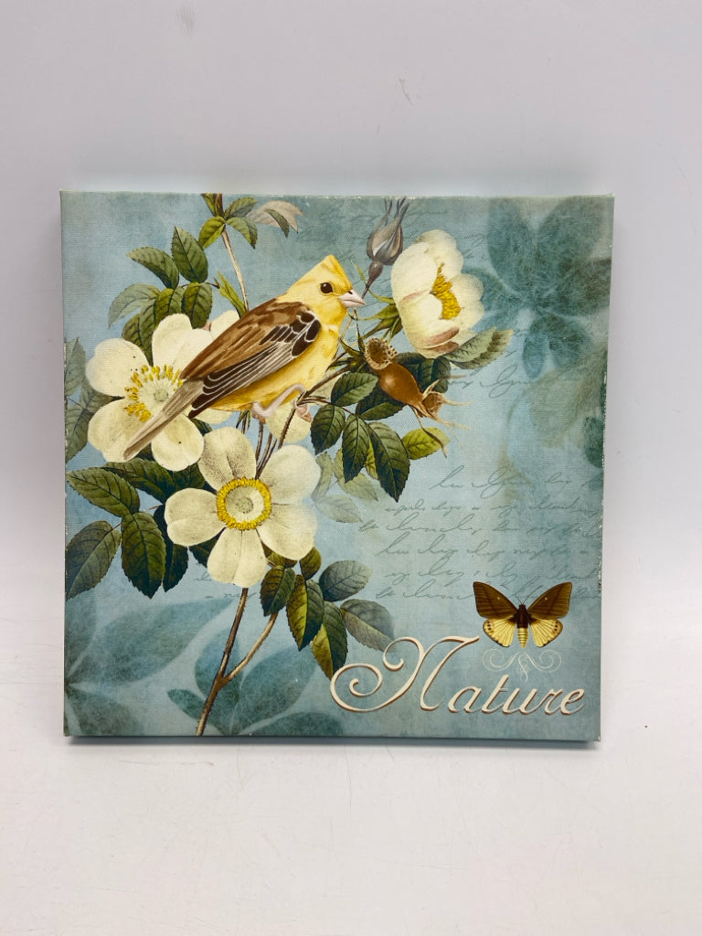 Aqua Yellow/Green Birds/Flowers Canvas Art