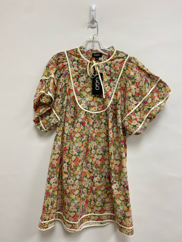 NWT GiGiO Size S Cream/Coral Yellow/Multi Flowers Puff Sleeve Ladies Dress