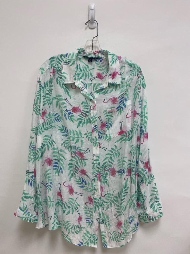 Zac/Rachel  SIZE  2X White Aqua/Pink Flamingo Batwing Plus Size Top