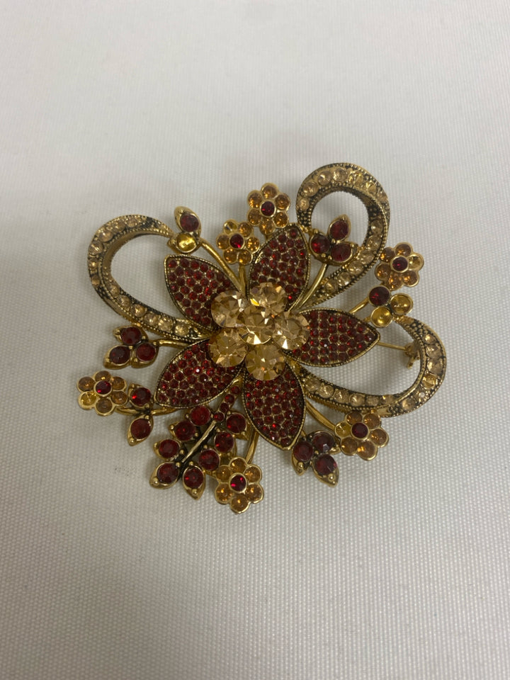 Avon Gold Color Red Flowers Pin