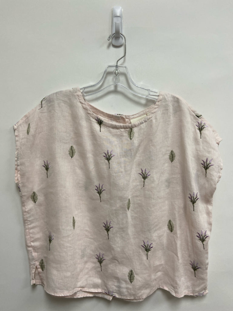 Cynthia Rowley Size S Pale Pink Green/Purple Flowers Linen Ladies Top