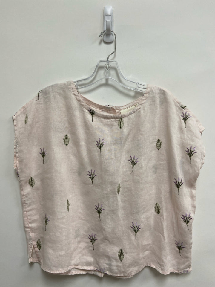 Cynthia Rowley Size S Pale Pink Green/Purple Flowers Linen Ladies Top