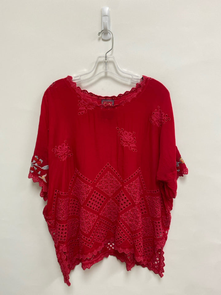 JOHNNY WAS Size S Red Embroidered Batwing Eyelet Ladies Top