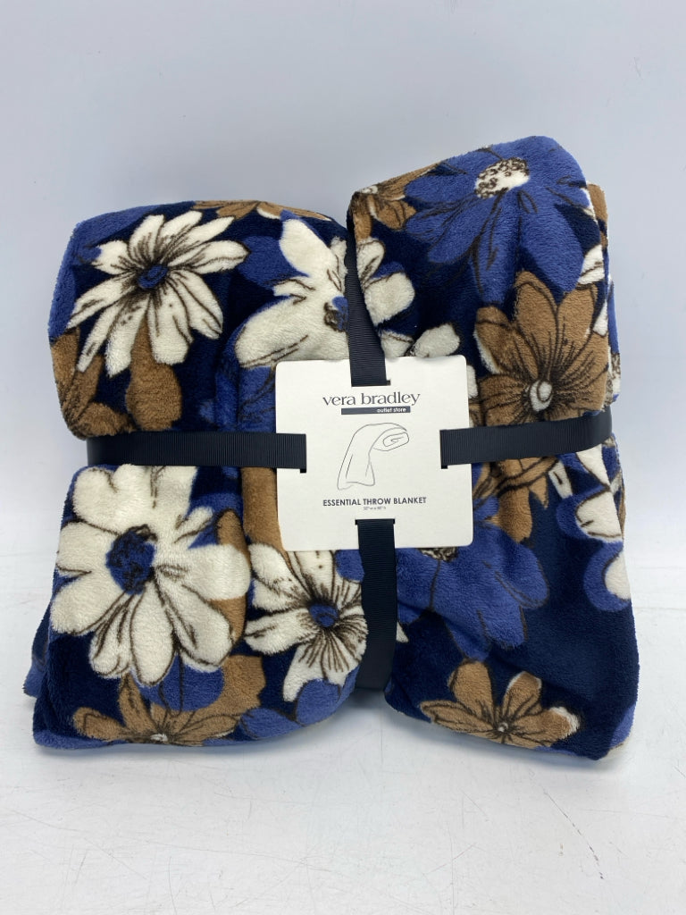 NEW/PKG Vera Bradley Navy/White Brown Floral Blanket