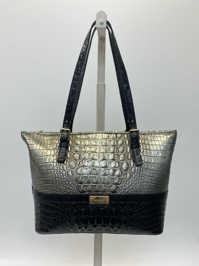 Brahmin Pewter Black Embossed Leather Medium Asher Handbag