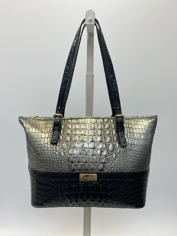 Brahmin Pewter Black Embossed Leather Medium Asher Handbag