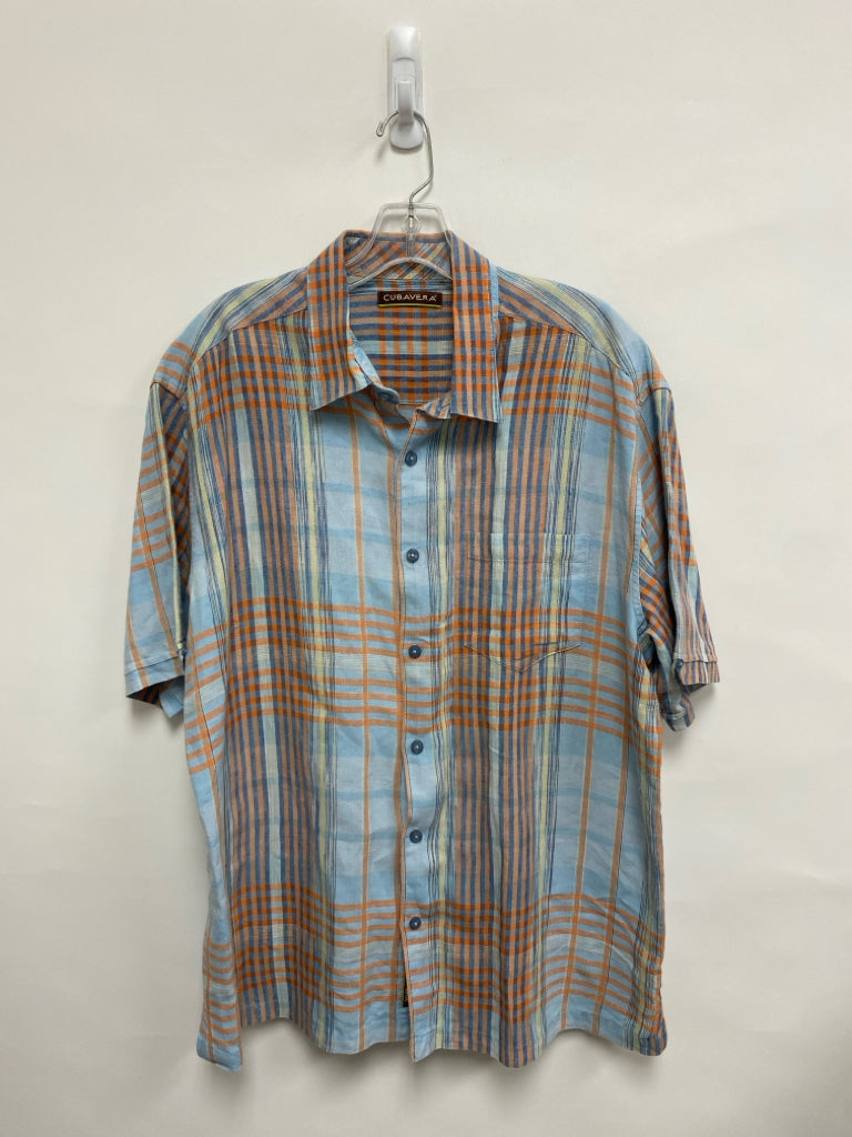 Cubavera Size XL Pale Blue Orange/Blue Plaid Button Up Men&