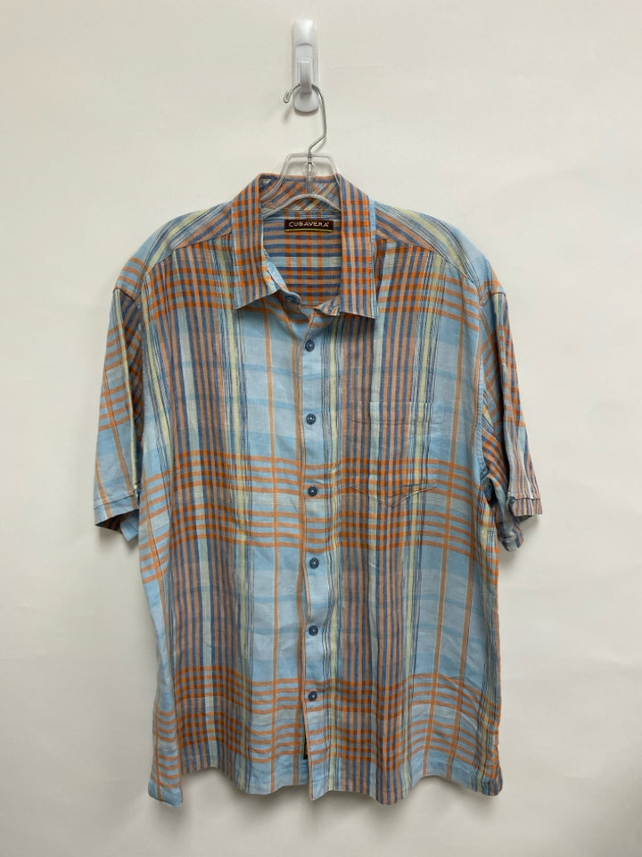 Cubavera Size XL Pale Blue Orange/Blue Plaid Button Up Men&