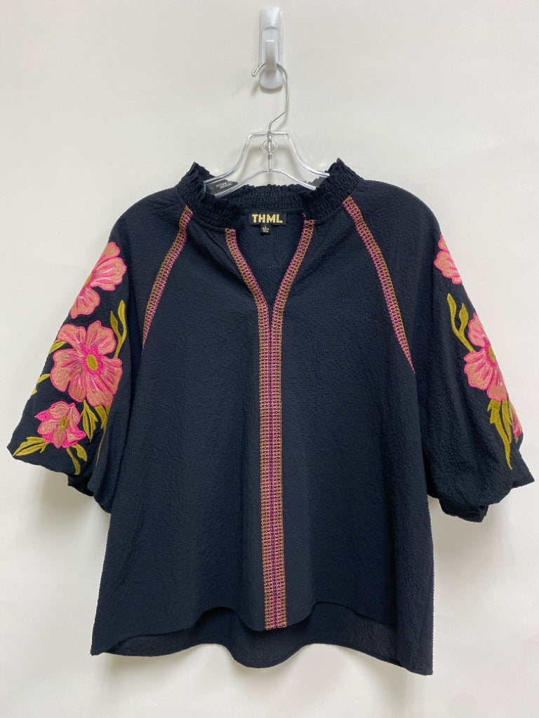 THML Size L Black Pink/Green Flowers Embroidered Ladies Top