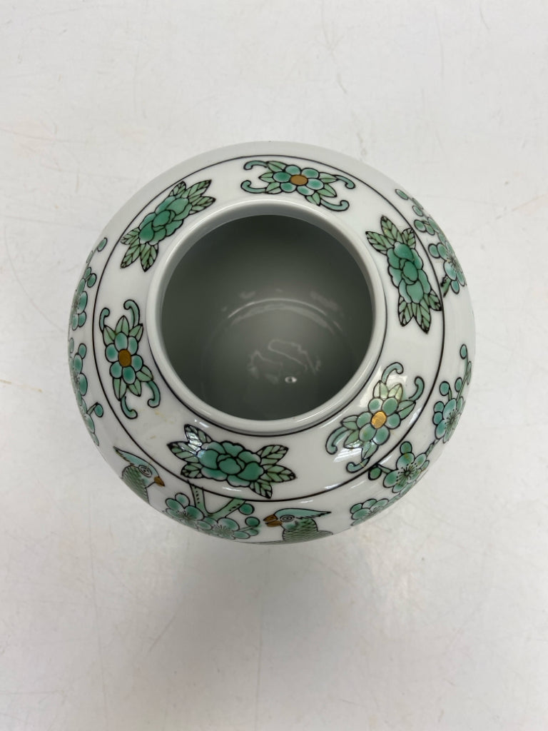 White Green/Gold Birds/Flowers Ceramic Vase