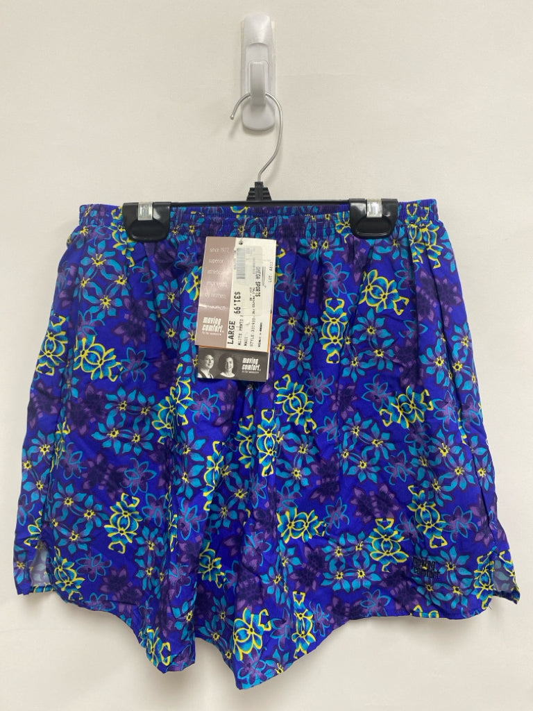 NWT moving comfort Size L Blue/Yellow Aqua/Purple Flowers Athletic Shorts