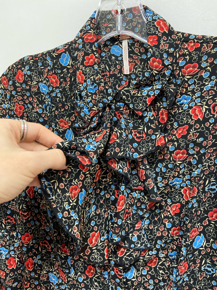Free People Size XS Black Red/Blue Flowers Ladies Top