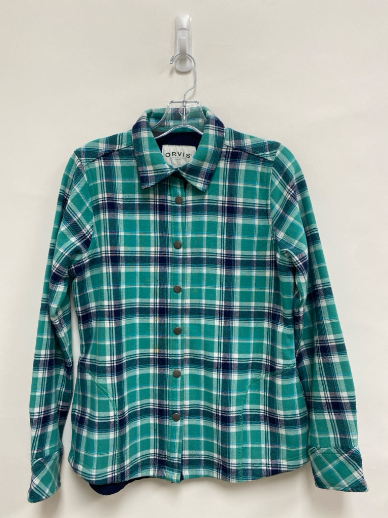Orvis Size S Aqua/White Navy Plaid Button Down Ladies Jacket
