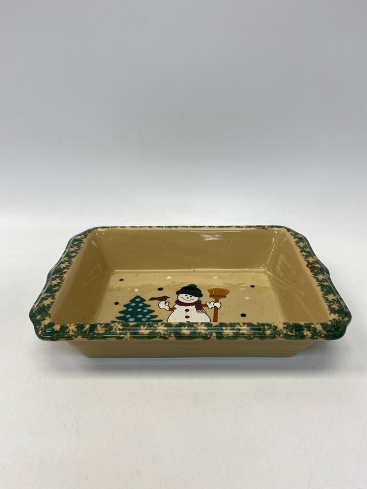 Tan Green/White Snowman Ceramic Bakeware