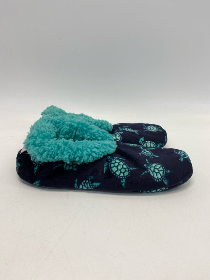 Size L Navy Turquoise Turtle(s) Slippers