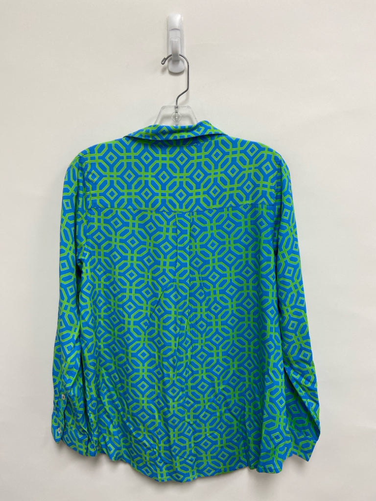NWT Size S Blue Green Geometric Button Up Ladies Top