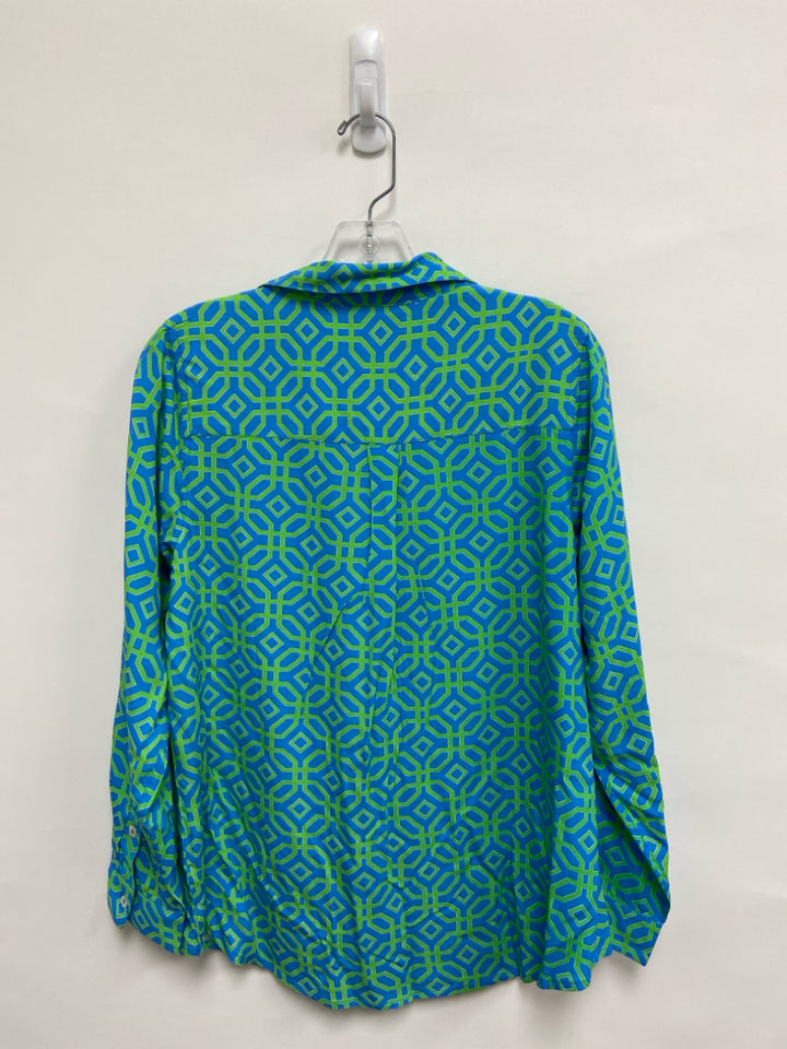 NWT Size S Blue Green Geometric Button Up Ladies Top