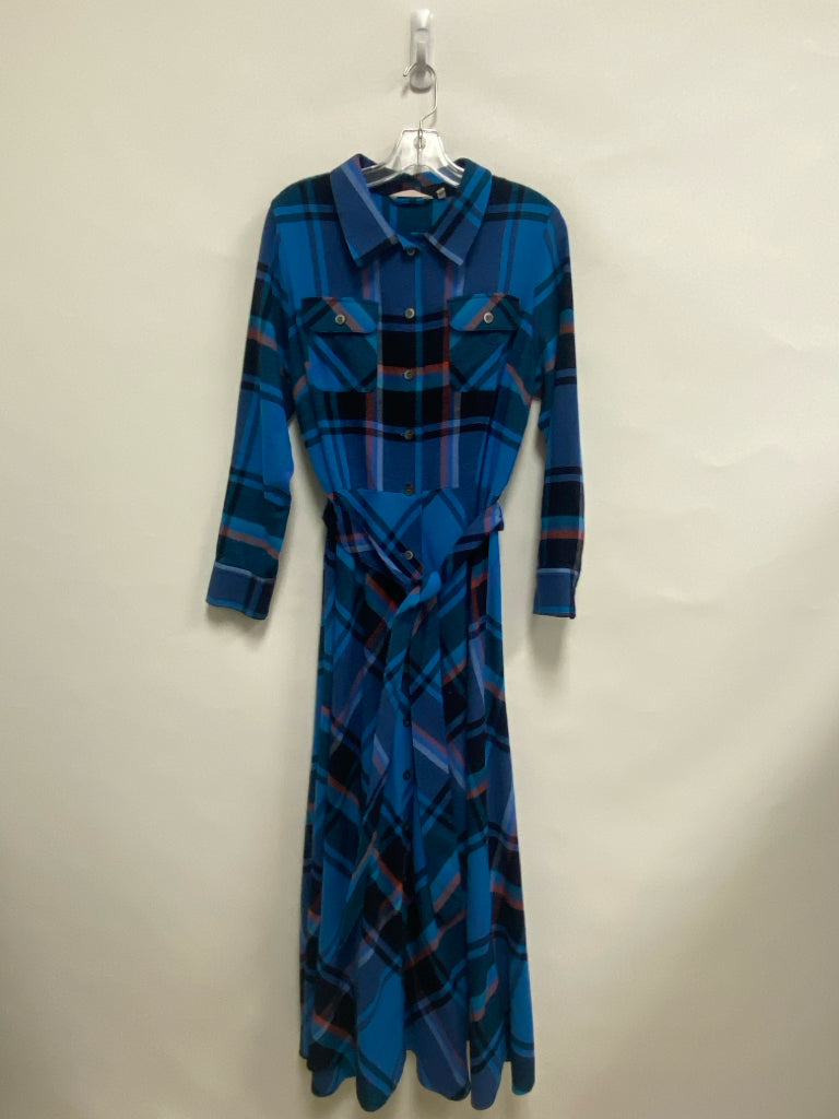 Soft Surroundings Size L Blue Navy/Orange Plaid Maxi Flannel Ladies Dress