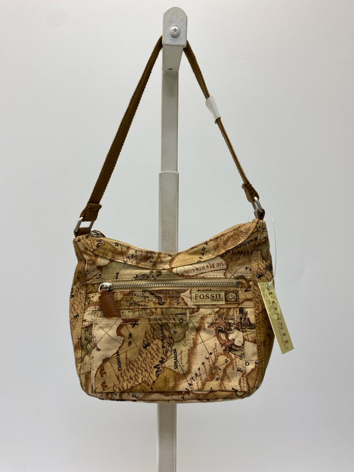 NWT Fossil Brown Tan/Blk Map(s) Handbag