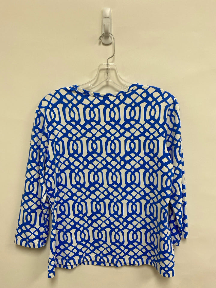 J McLaughlin Size L Blue White Print Ladies Top