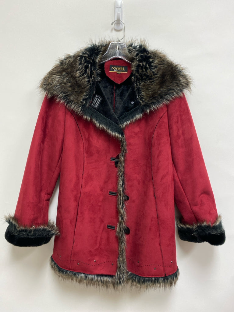 Size M Red Brown Button Up Faux Fur Collar Ladies Jacket