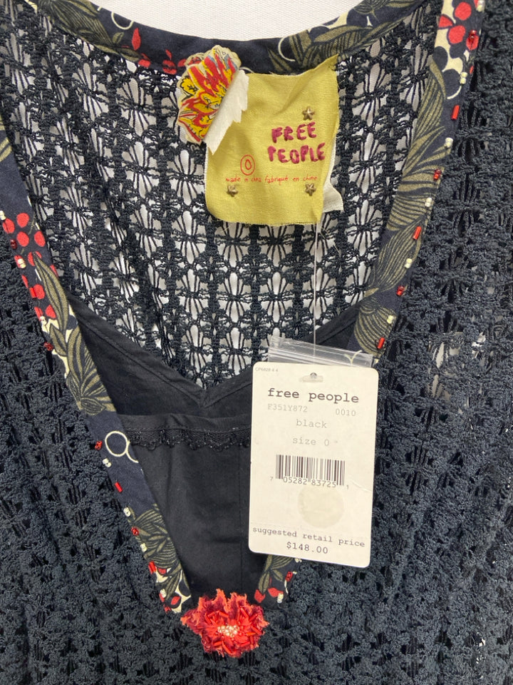 NWT Free People Size 0 Black Red/Cream Embroidered Crochet Ladies Dress