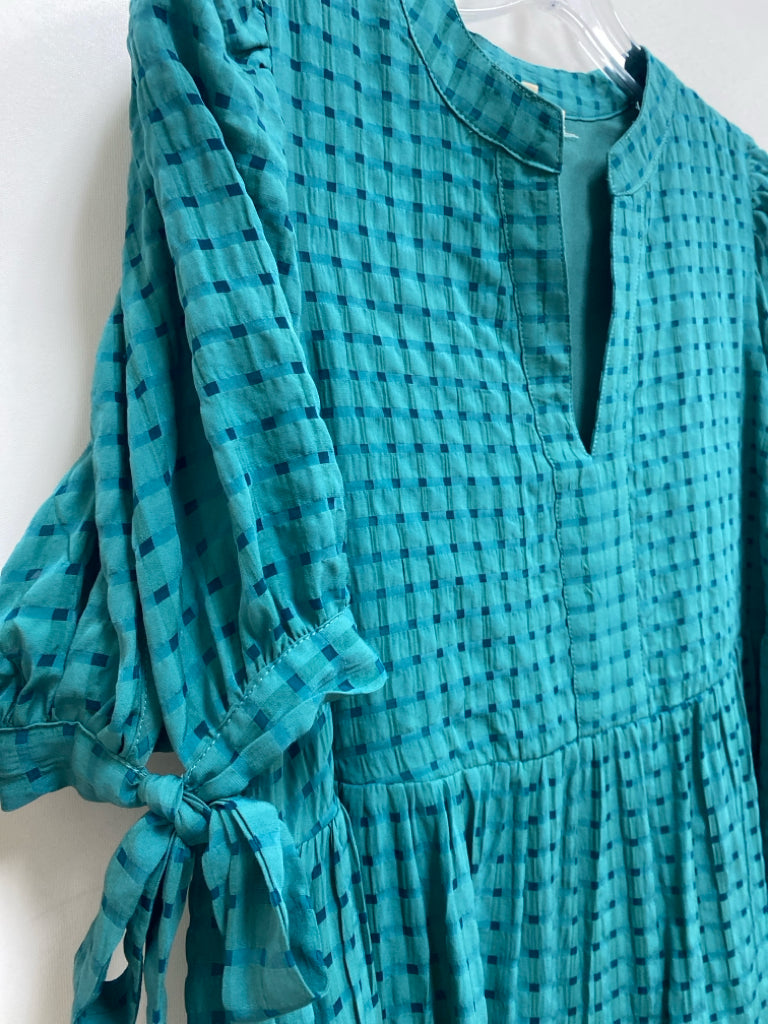 Indigo Soul Size S Teal Green Checkered Puff Sleeve Ladies Dress