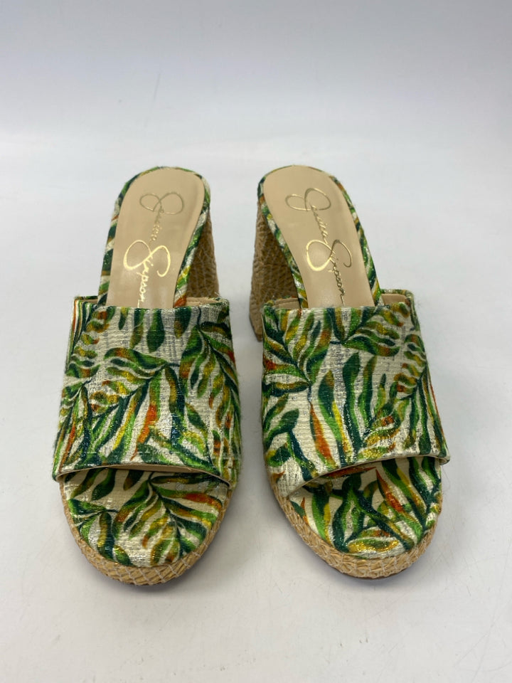 Jessica Simpson  Size 6.5 Green Cream/Orange Leaves Sandals