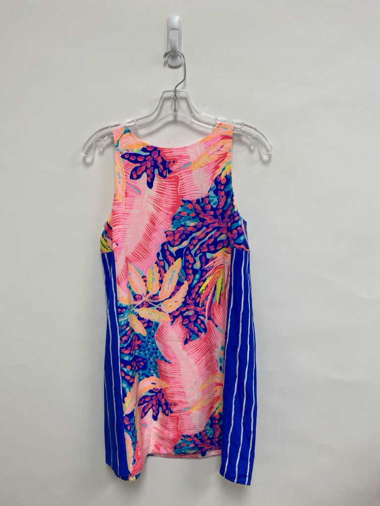 LILLY PULITZER Size XS Peach Pink/Blue Leaves Sleeveless Silk Ladies Dress