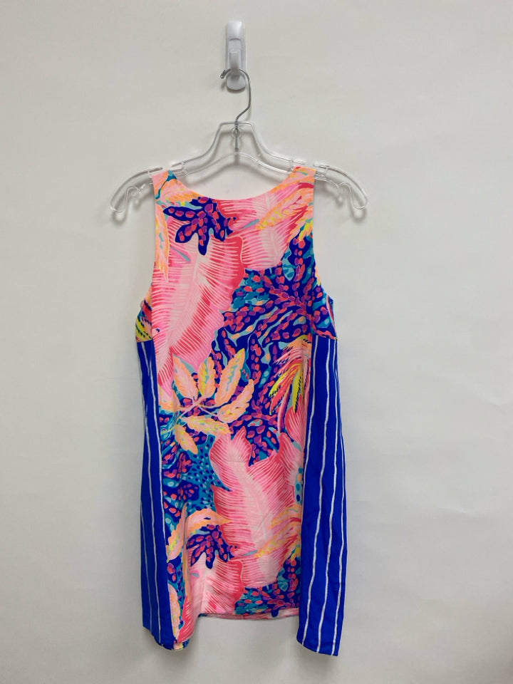 LILLY PULITZER Size XS Peach Pink/Blue Leaves Sleeveless Silk Ladies Dress