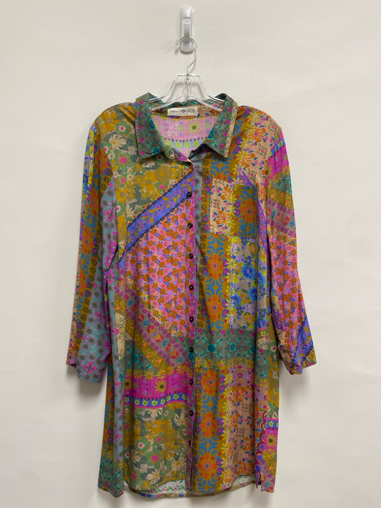 Natural Life Size S Green Orange/Multi Flowers Button Up Ladies Dress