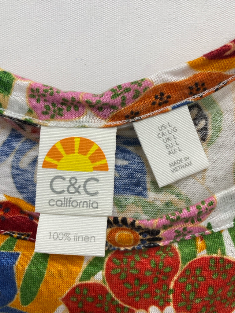 C&amp;C Size L Red/White Green/Multi Flowers Linen Ladies Top