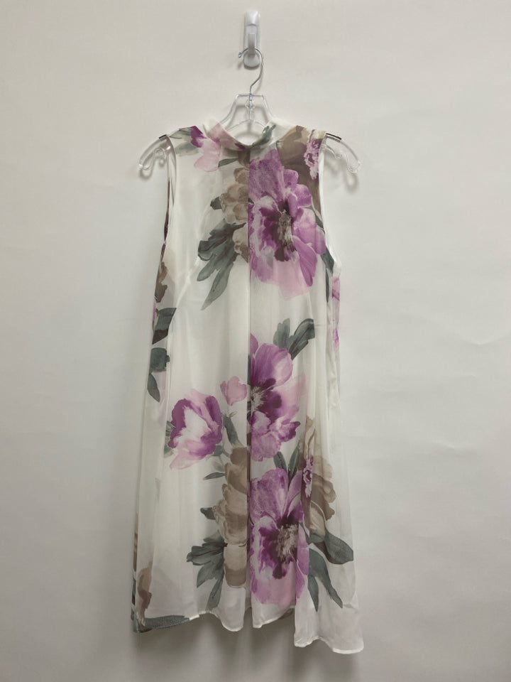 ROBBIE BEE Size 12 White/Brown Magenta Flowers Sleeveless Ladies Dress