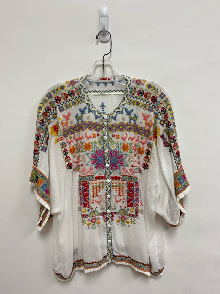 JOHNNY WAS Size M White Multi Color Embroidered Batwing Ladies Top
