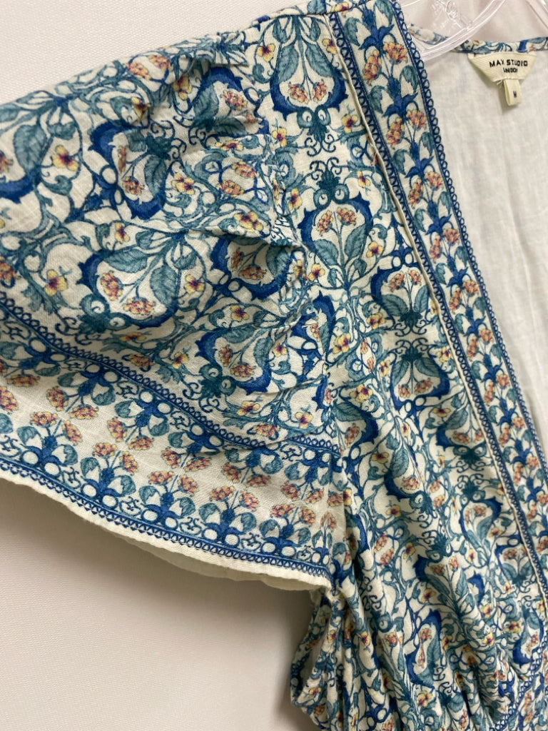 Max Studio Size M Cream/Blue Coral Print V Neck Ladies Dress