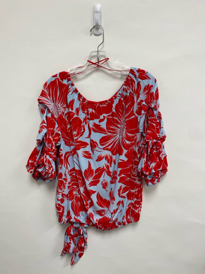 NWT VINCE CAMUTO Size S Powder Blue Red Flowers Puff Sleeve Ladies Top