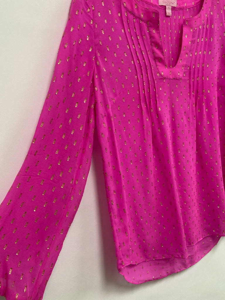 LILLY PULITZER Size S Neon Pink Gold Silk Blend Ladies Top