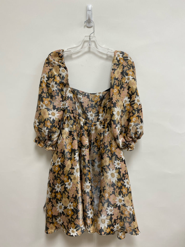Size S Peach/Gold Black/White Flowers Puff Sleeve Ladies Dress