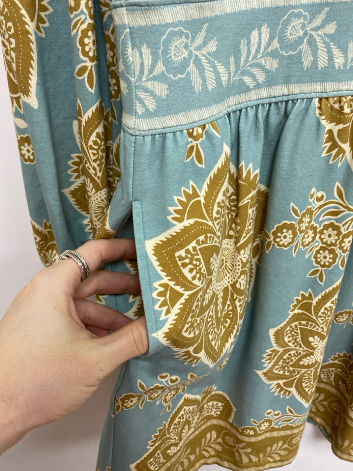 Spartina 449 Size XS Dusty Blue Cream/Brown Medallion Puff Sleeve Ladies Dress
