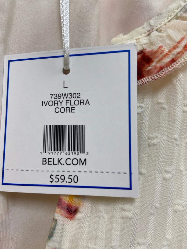 NWT Kaari Blue Size L Cream/Pink Seafoam/Yellow Flowers V Neck Ladies Top