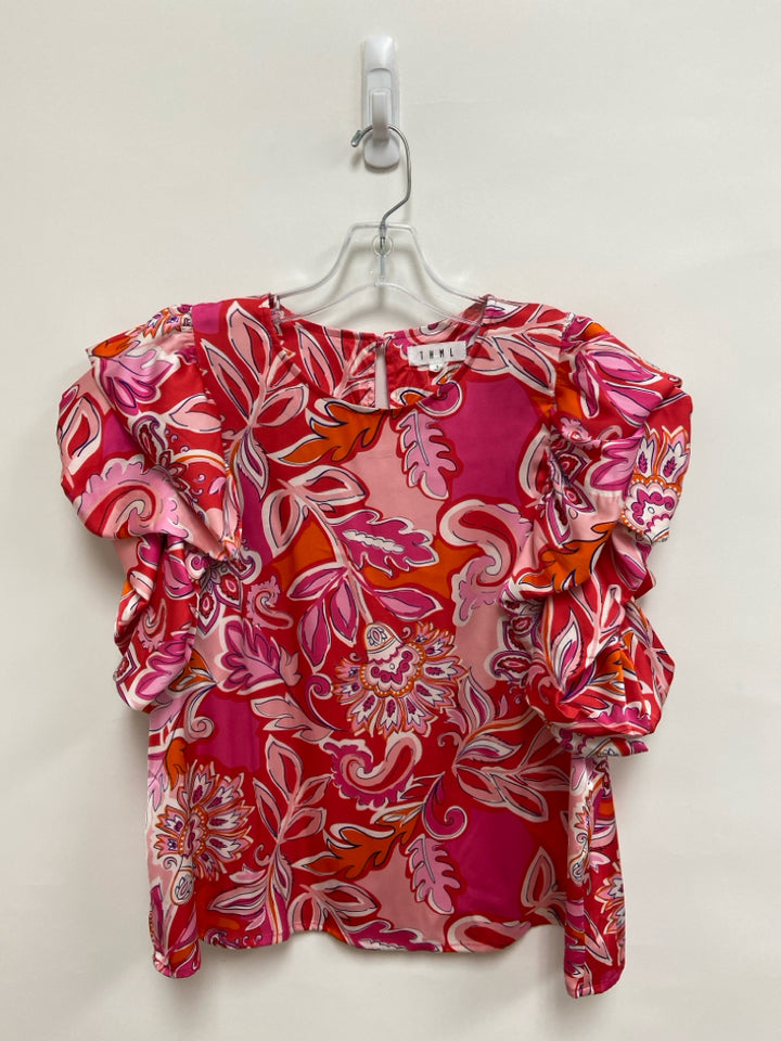 THML Size L Red/White Pink/Orange Acanthus Puff Sleeve Ladies Top