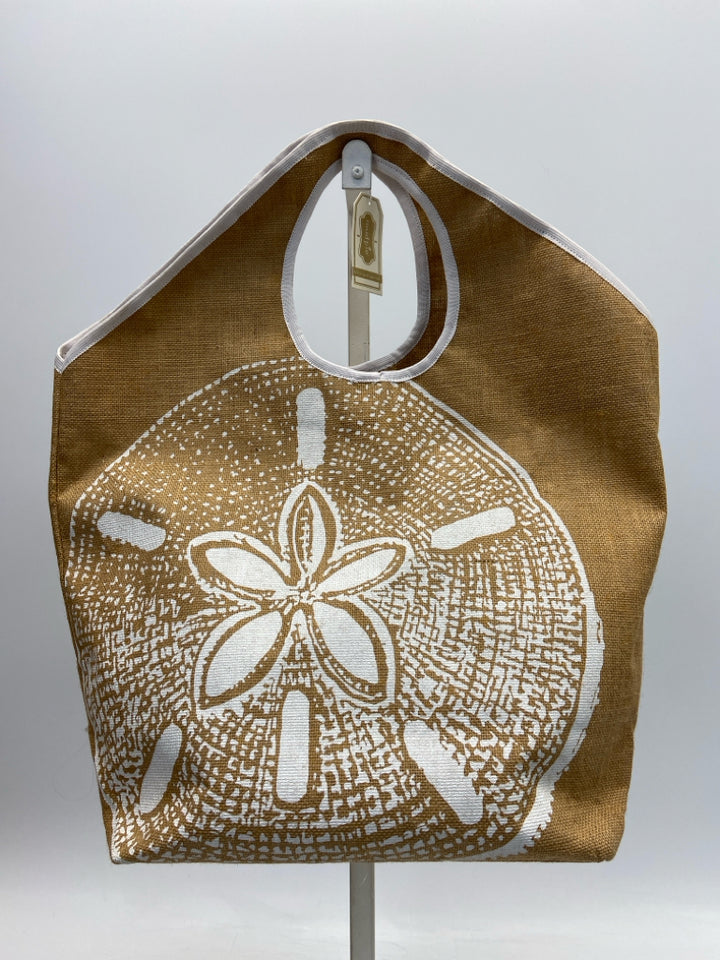NWT Mudpie Brown White Sand Dollar(s) Jute Tote Bag