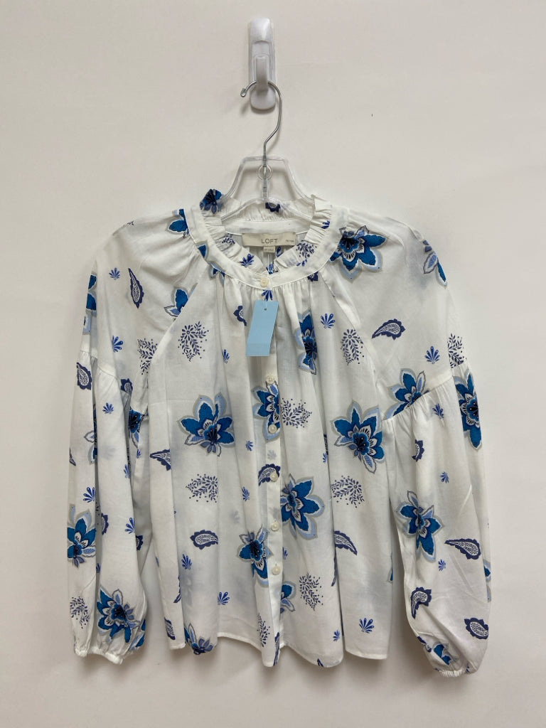 NWT LOFT Size XSP White Blue/Gray Flowers Puff Sleeve Petite Top