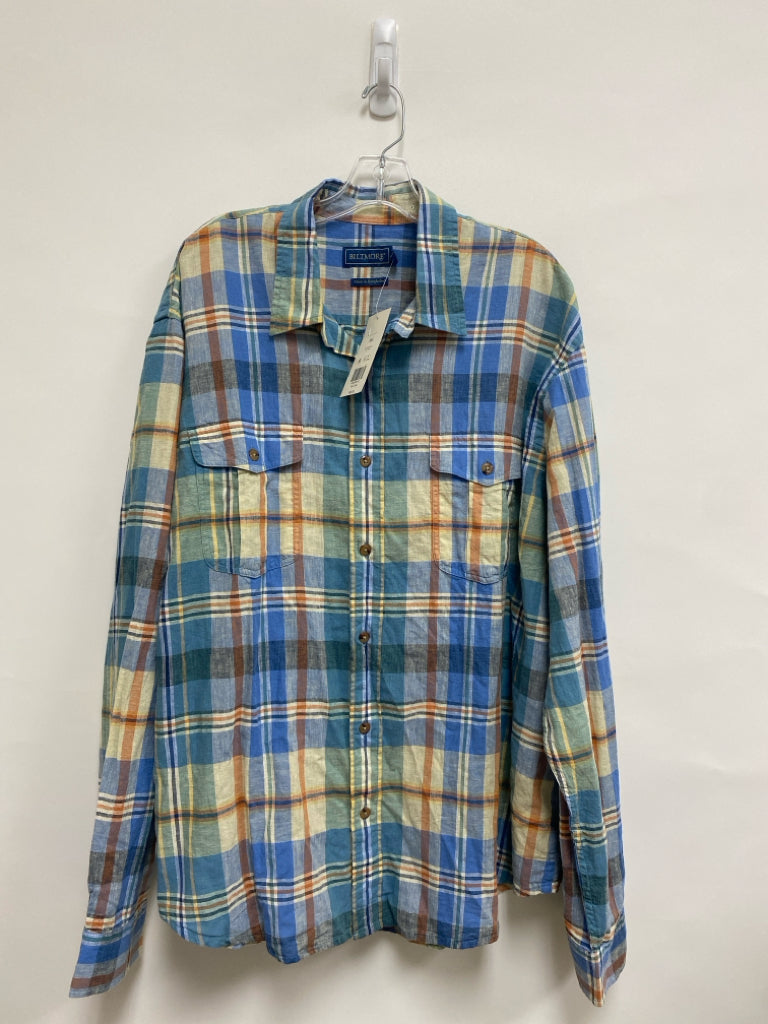 NWT Biltmore Size XXL Blue Tan/Orange Plaid Button Up Men&