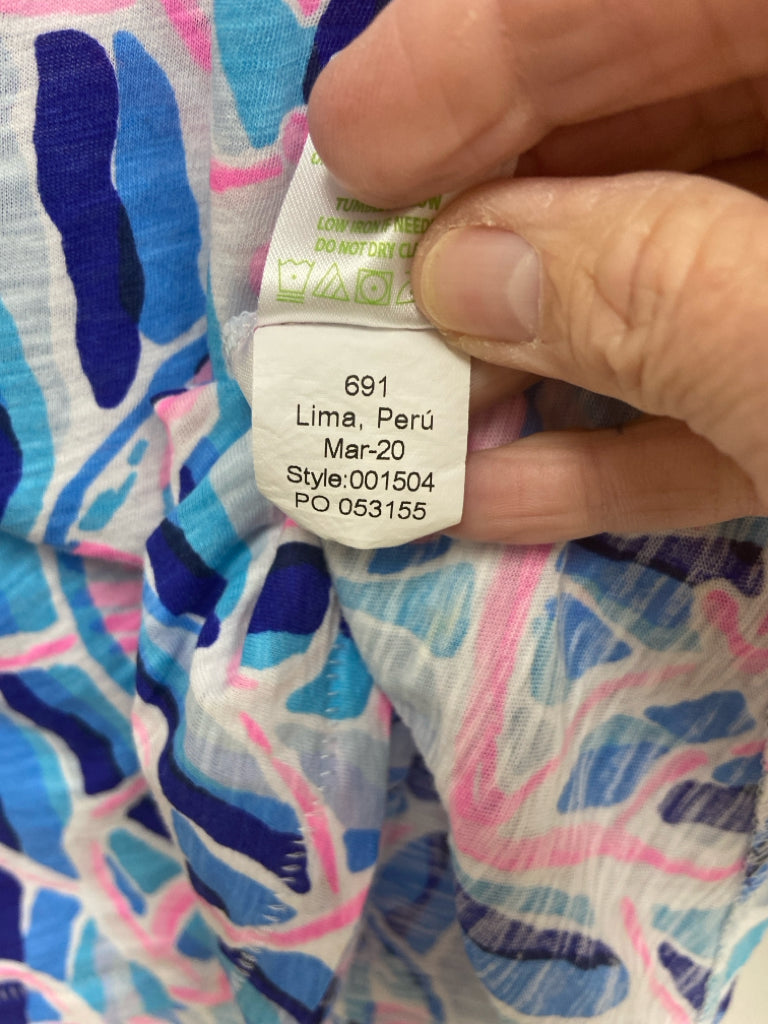 LILLY PULITZER Size XL Blue/White Pink Nautical V Neck Ladies Top