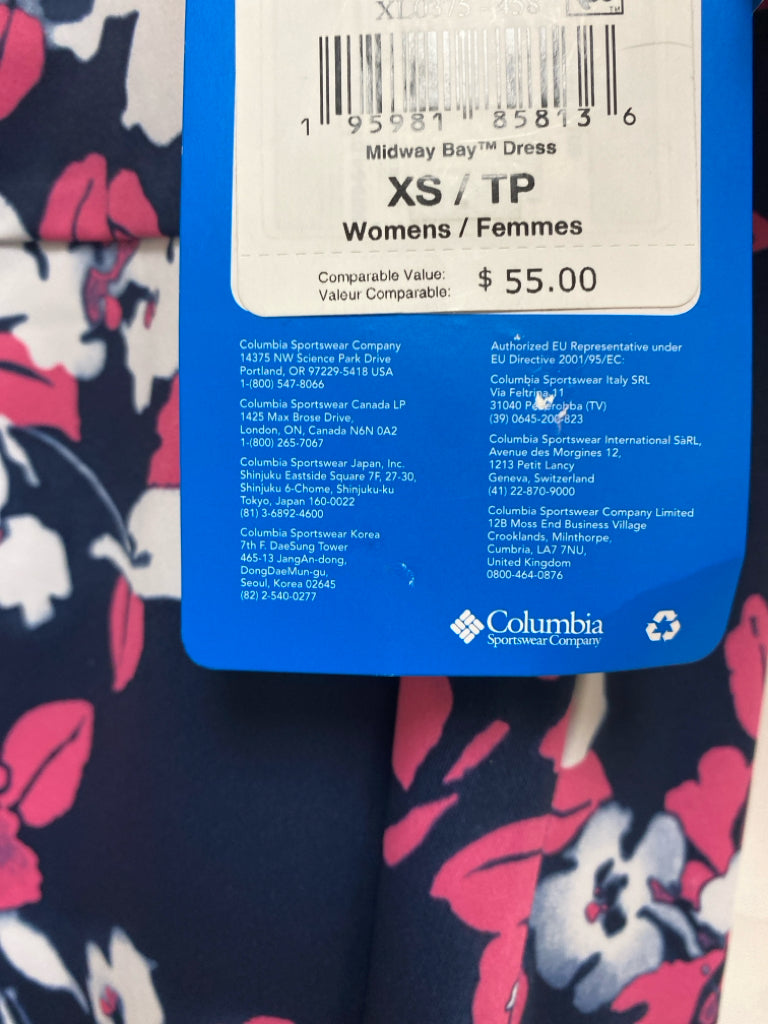 NWT Columbia Size XS Navy White/Pink Flowers Sleeveless Ladies Dress