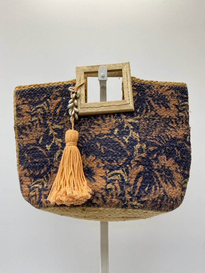 Size Blue/coral Brown Woven Jute Tote Bag